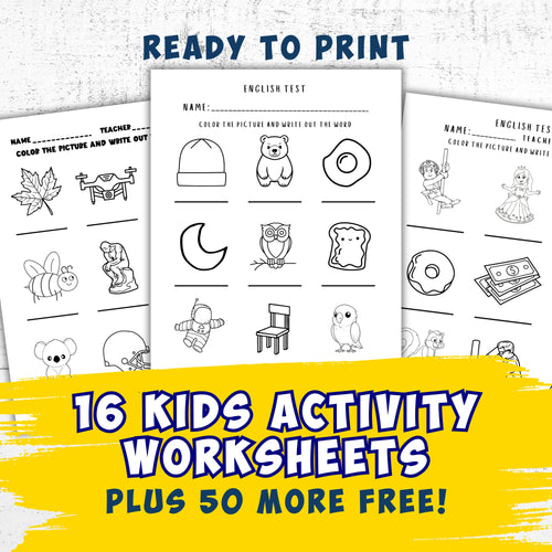16 Kids Activity Worksheets Kids Test Plus 50 More FREE Printable Worksheets, Preschool, Kindergarten Elementary School, Ready To Print